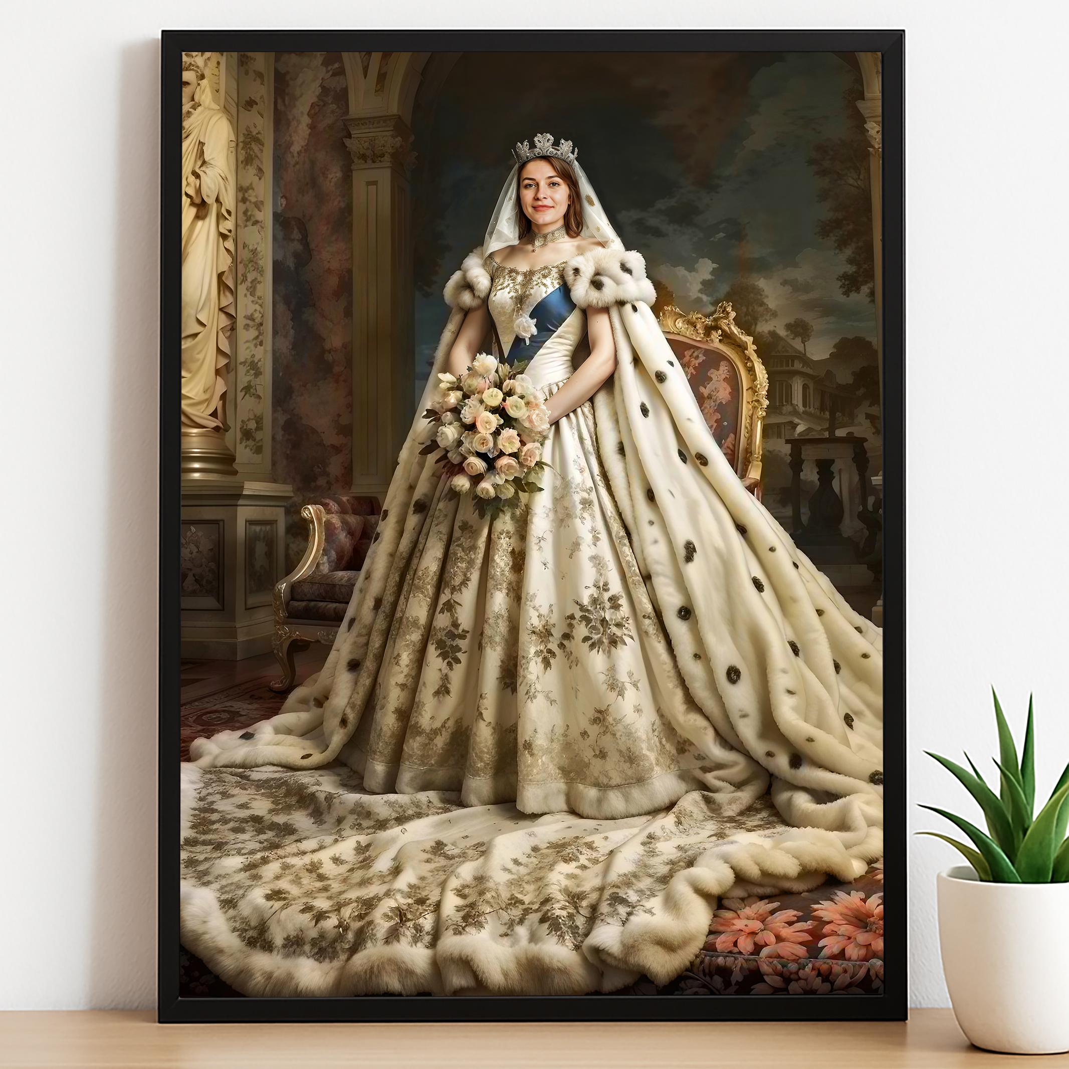 Custom Queen Bride Portrait – Woman in White Cape with Crown and Flowers