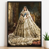 Custom Queen Bride Portrait – Woman in White Cape with Crown and Flowers