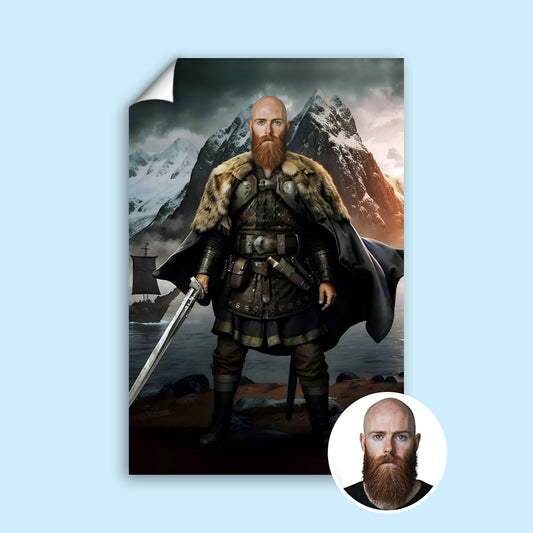 Custom Viking Warrior Portrait – Bearded Man with Sword and Cape