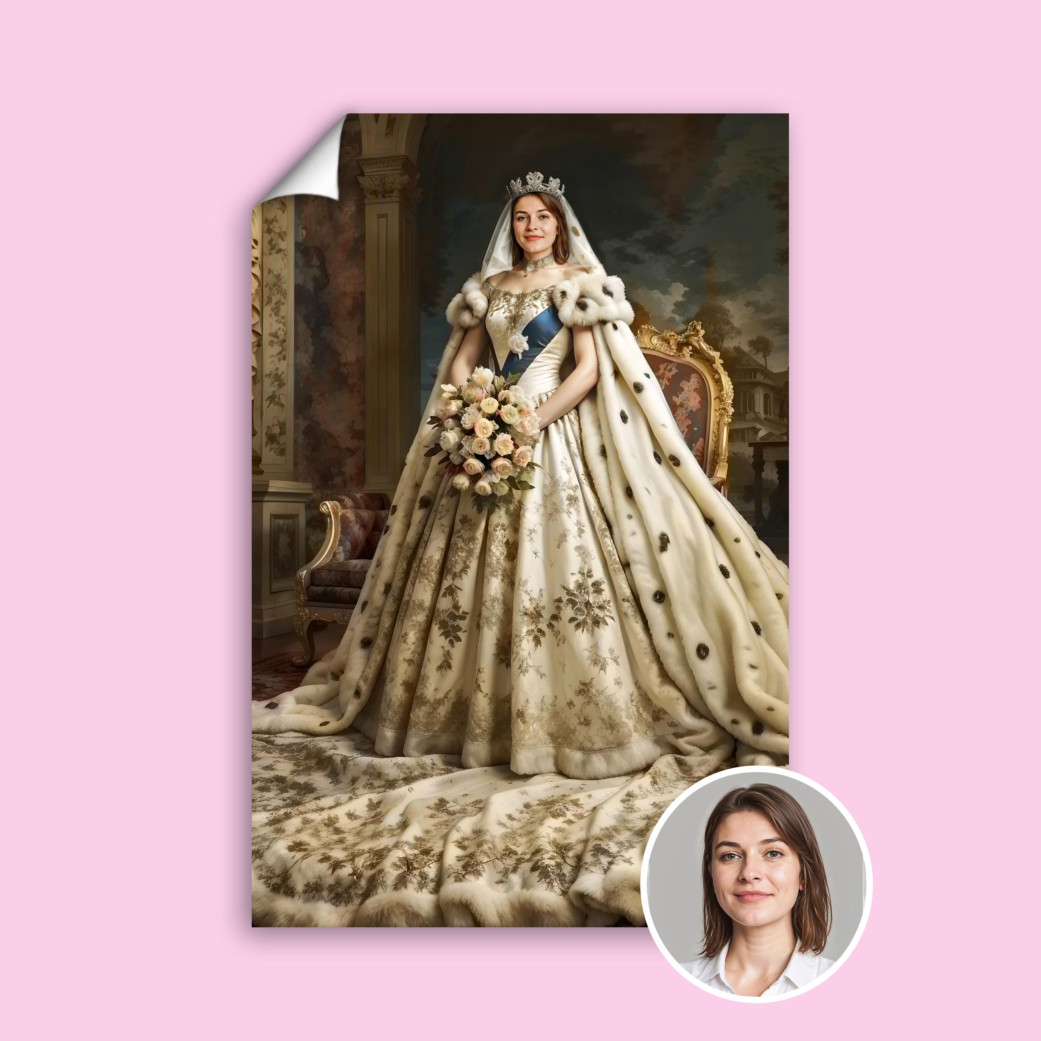 Custom Queen Bride Portrait – Woman in White Cape with Crown and Flowers