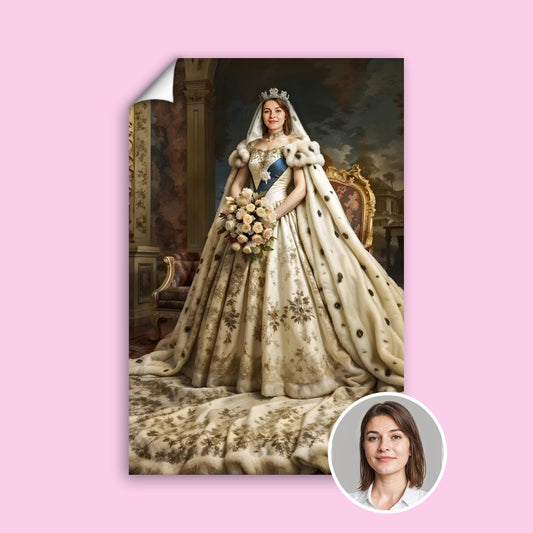 Custom Queen Bride Portrait – Woman in White Cape with Crown and Flowers