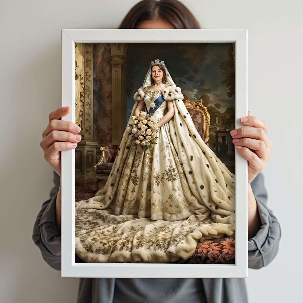 Custom Queen Bride Portrait – Woman in White Cape with Crown and Flowers