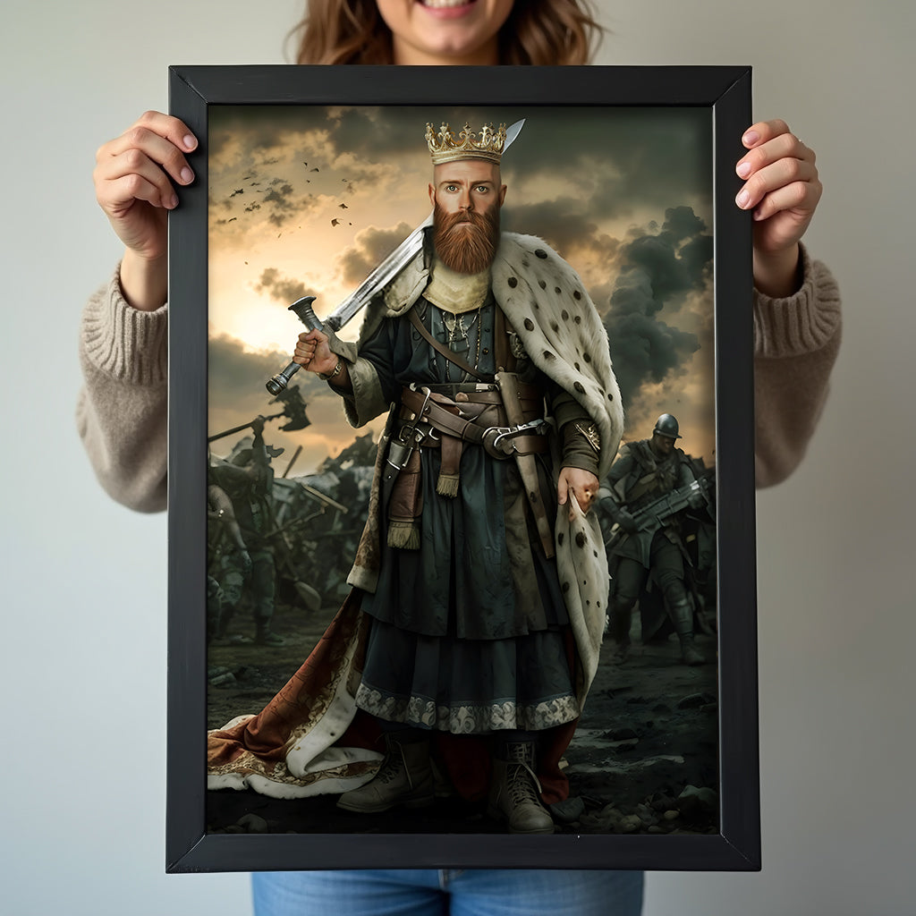 Custom Warrior King Portrait – Man with Crown and Sword in Battle