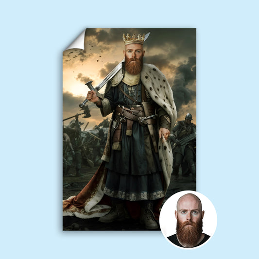 Custom Warrior King Portrait – Man with Crown and Sword in Battle