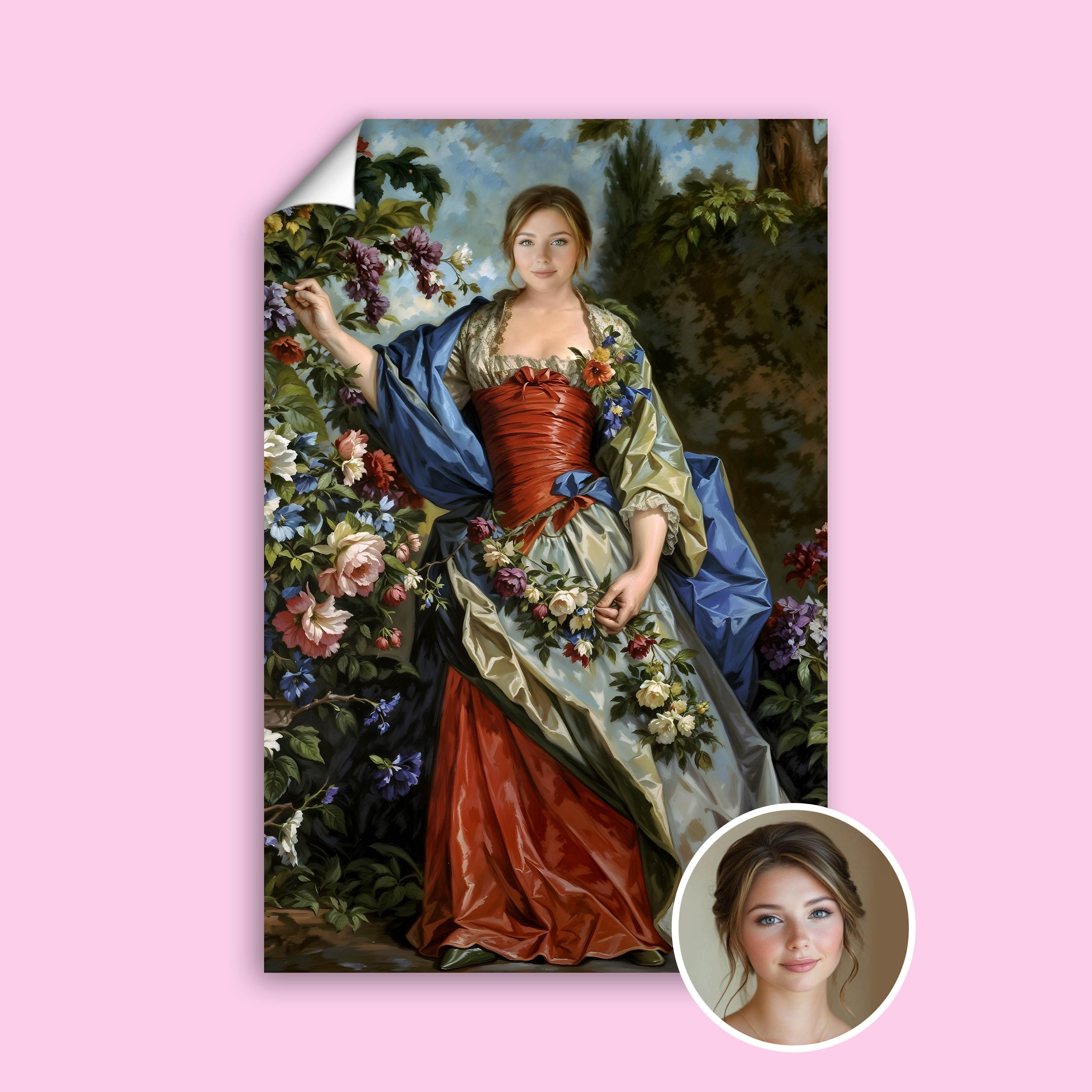  Custom portrait of woman surrounded by flowers in regal style
