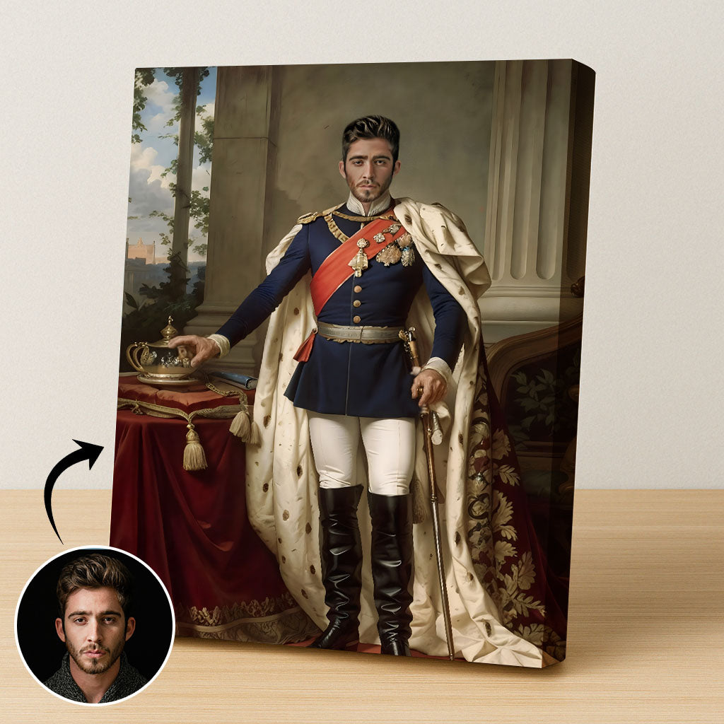 Custom Crown Prince Portrait – Man in Blue Coat with Red Sash and Cape