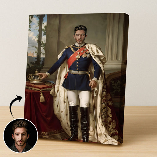 Custom Crown Prince Portrait – Man in Blue Coat with Red Sash and Cape