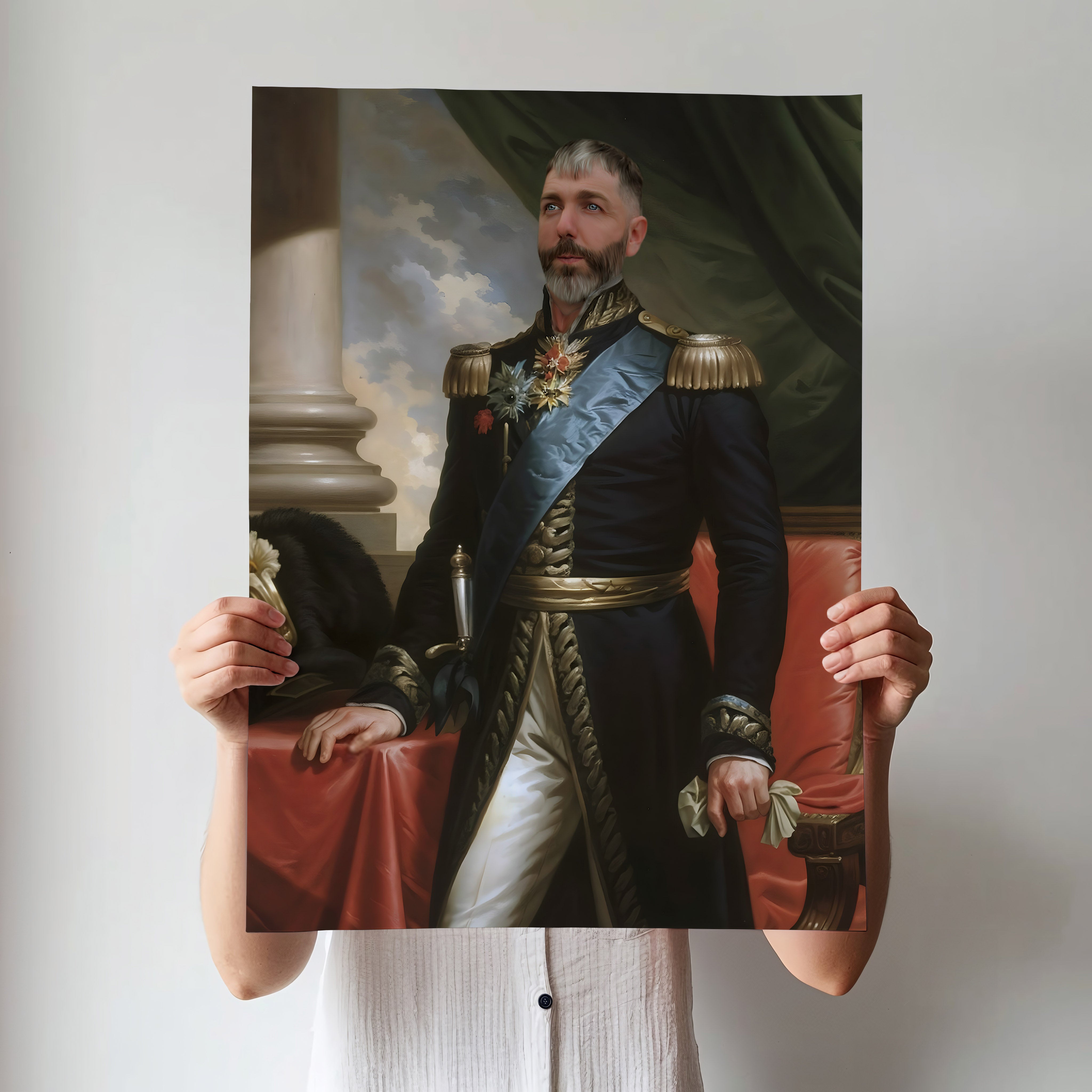 Custom Royal General Portrait – Man in Black Uniform with Blue Sash and Medals