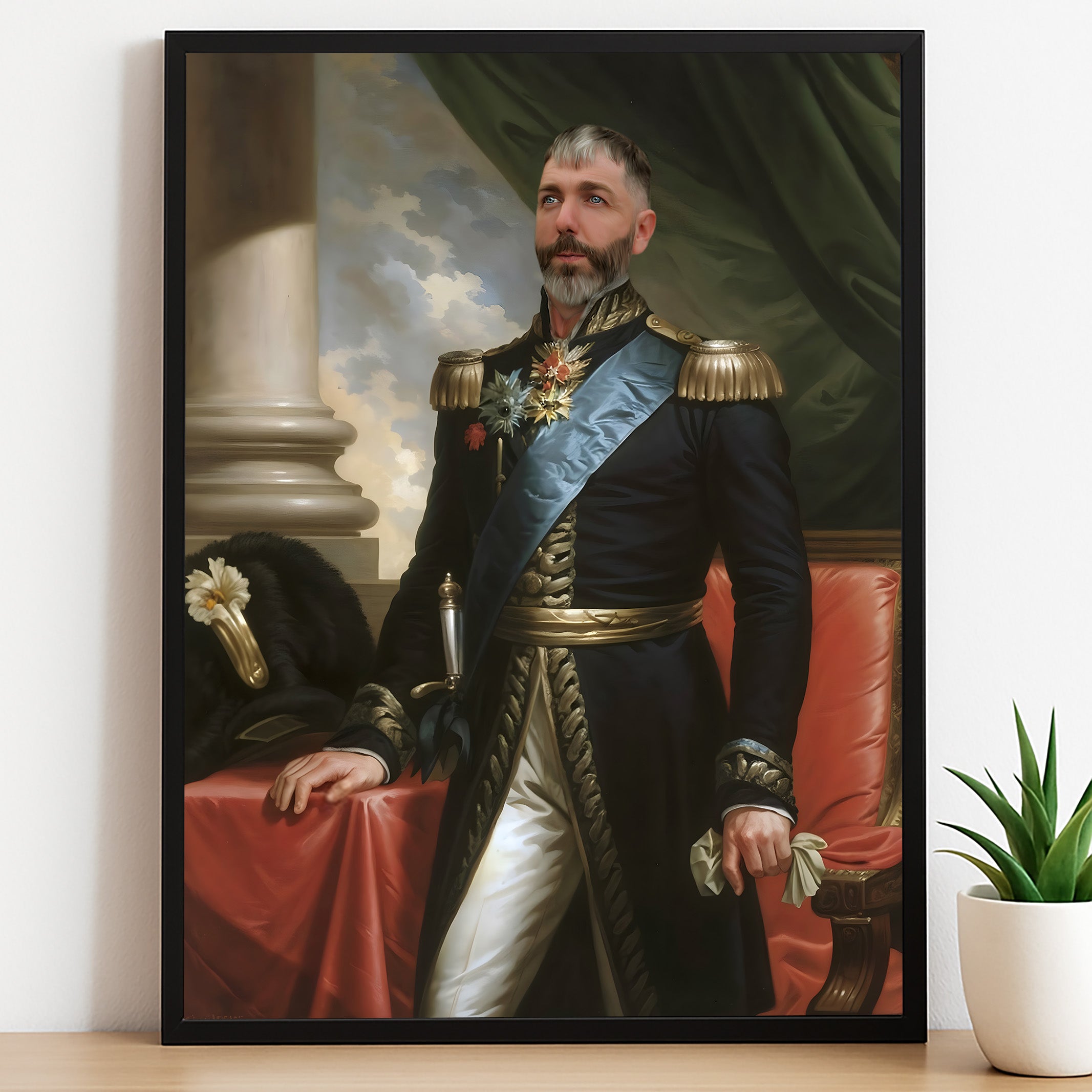 Custom Royal General Portrait – Man in Black Uniform with Blue Sash and Medals