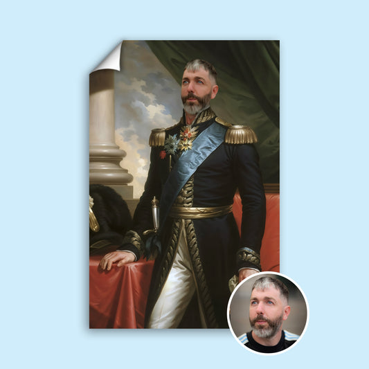 Custom Royal General Portrait – Man in Black Uniform with Blue Sash and Medals