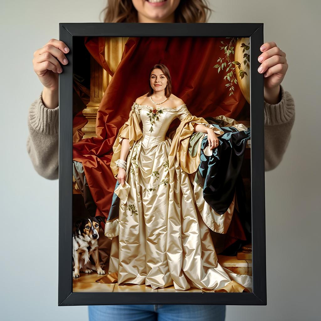 Custom Noblewoman Portrait – Lady in Vintage Dress with Dog