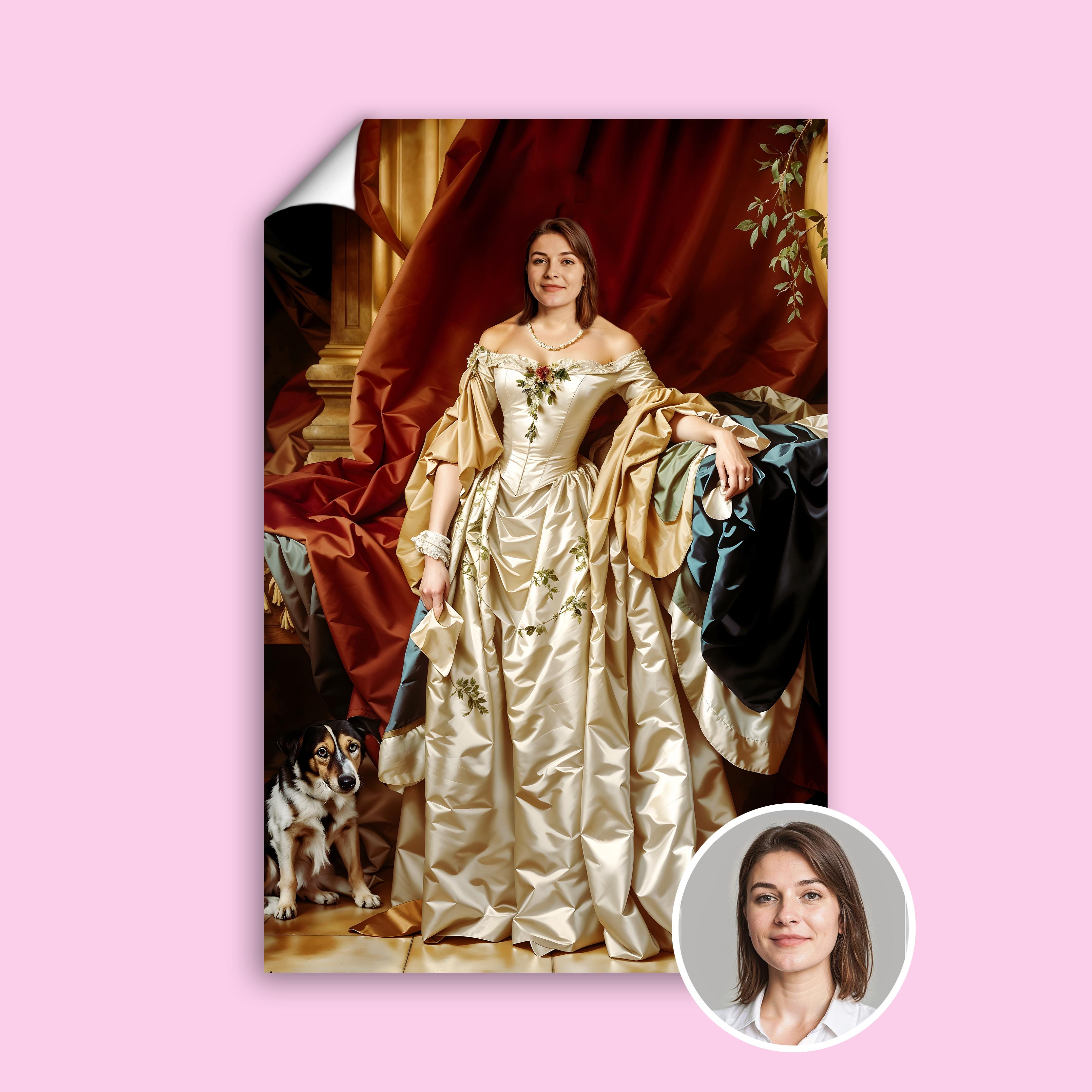 Custom Noblewoman Portrait – Lady in Vintage Dress with Dog