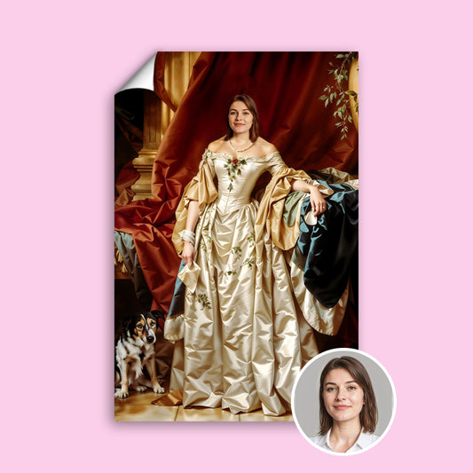 Custom Noblewoman Portrait – Lady in Vintage Dress with Dog