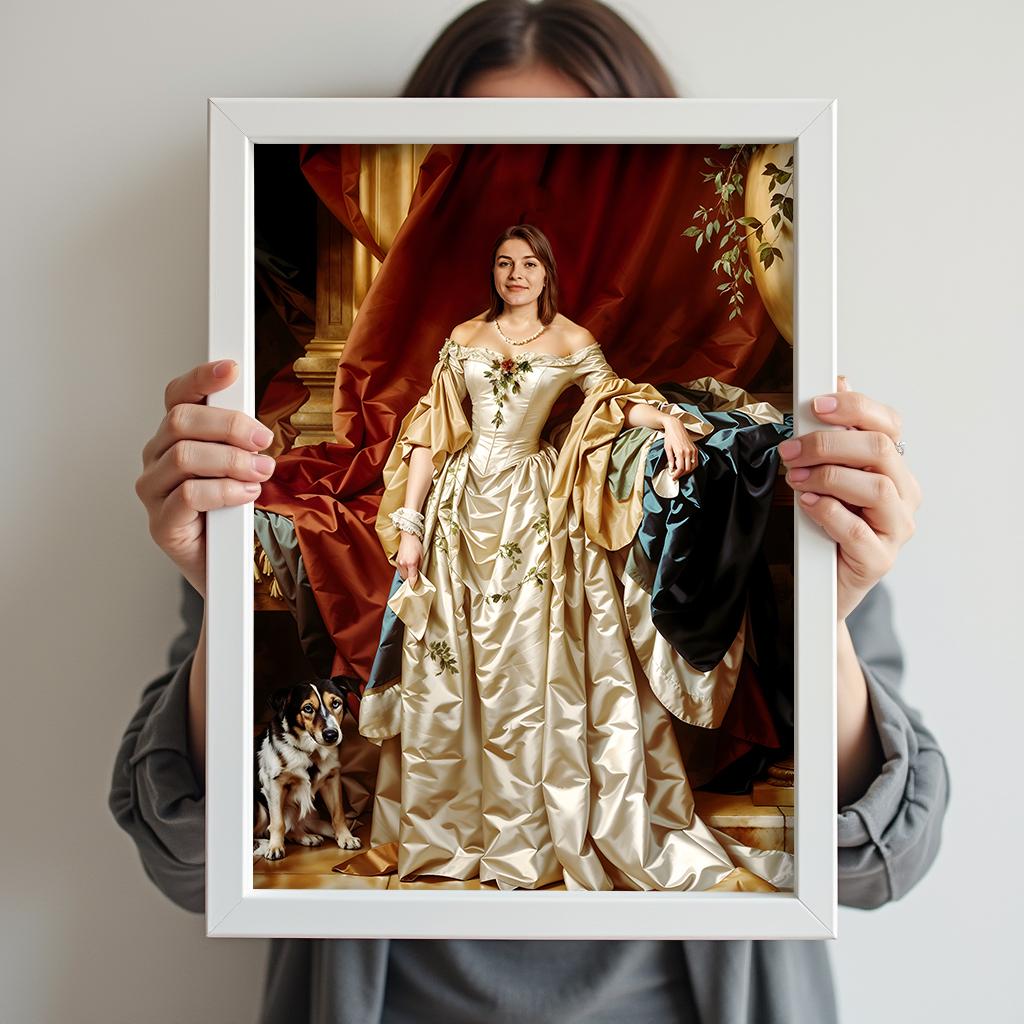 Custom Noblewoman Portrait – Lady in Vintage Dress with Dog