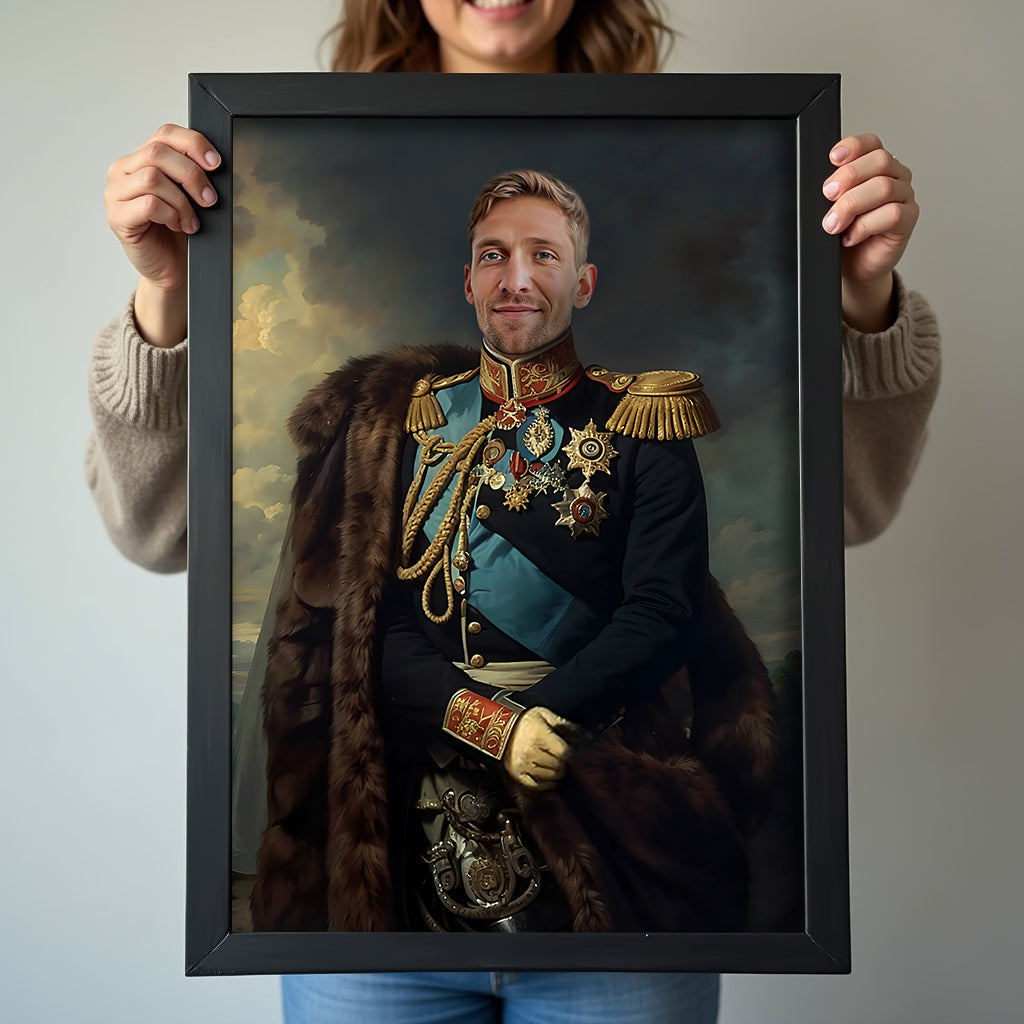 Custom Royal Military Portrait – Man in Blue Uniform with Fur Cape