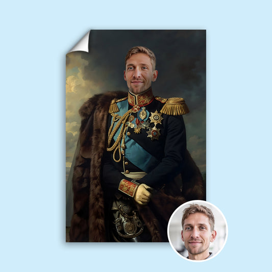 Custom Royal Military Portrait – Man in Blue Uniform with Fur Cape