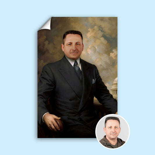Custom Statesman Portrait – Man in Black Suit with Capitol Background