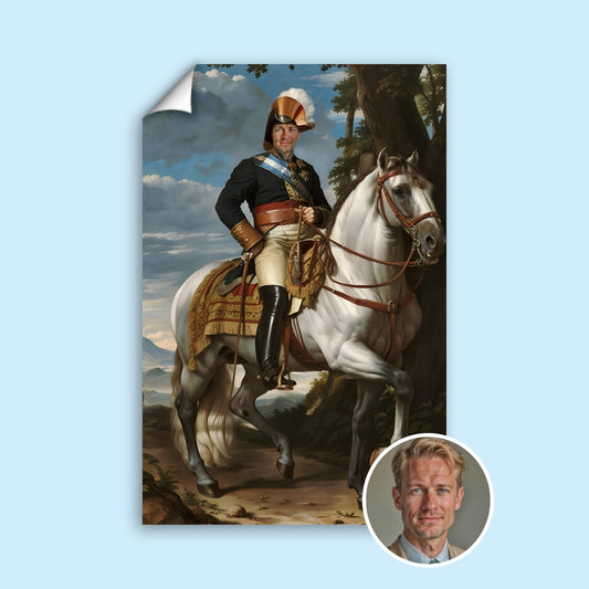 Custom Royal Horseback Portrait – Man on White Horse in Command Uniform