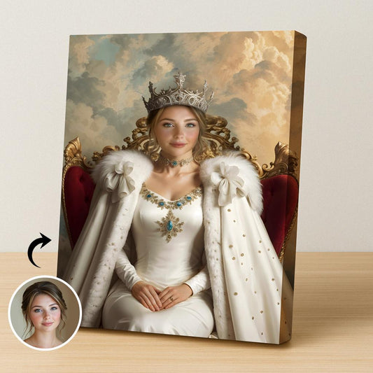 Custom female portrait with white royal gown and crown against a cloud-filled sky.