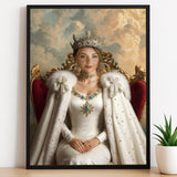 Custom female portrait with white royal gown and crown against a cloud-filled sky.