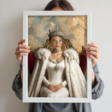 Custom female portrait with white royal gown and crown against a cloud-filled sky.