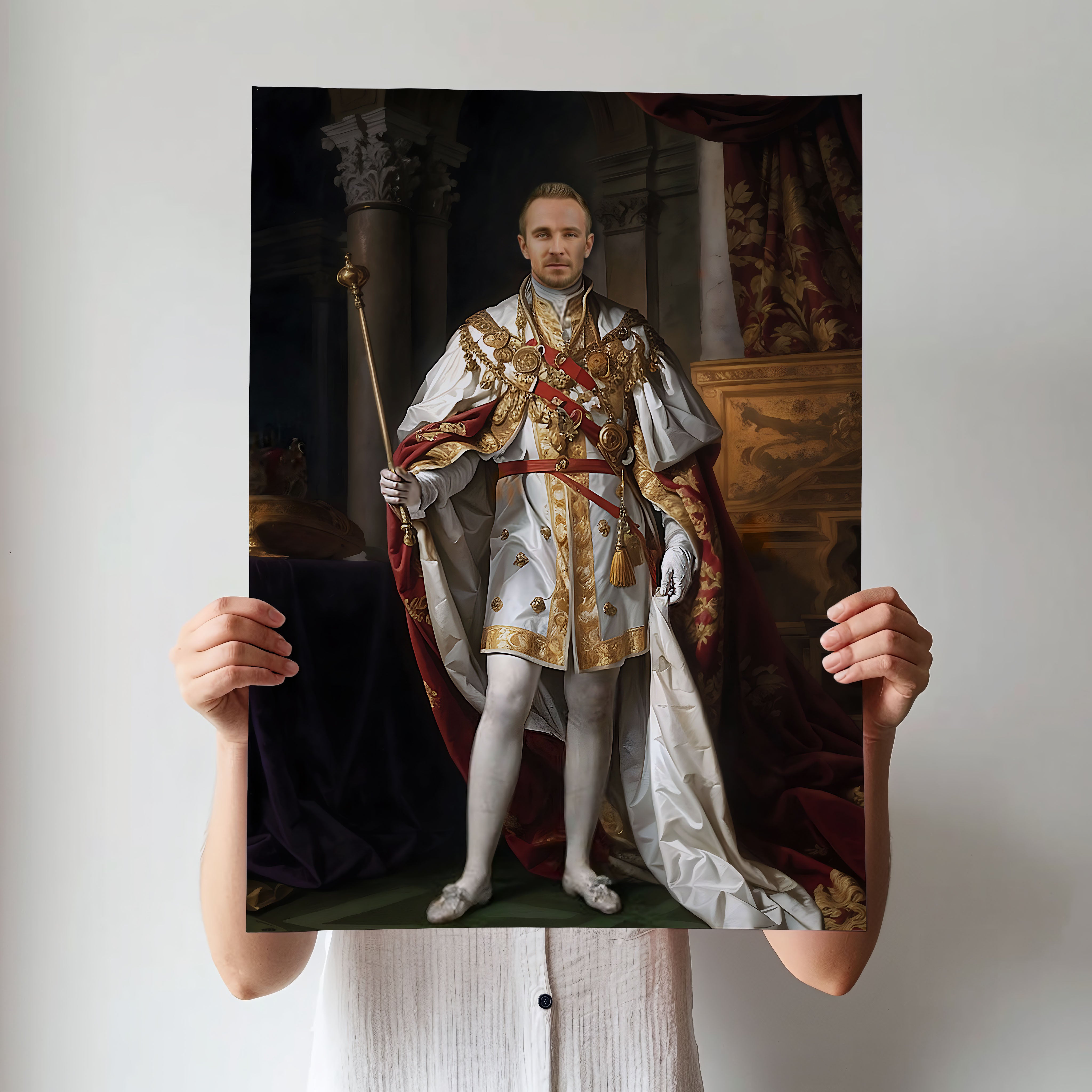 Custom White Regal Portrait – Man with Scepter and White Royal Cape