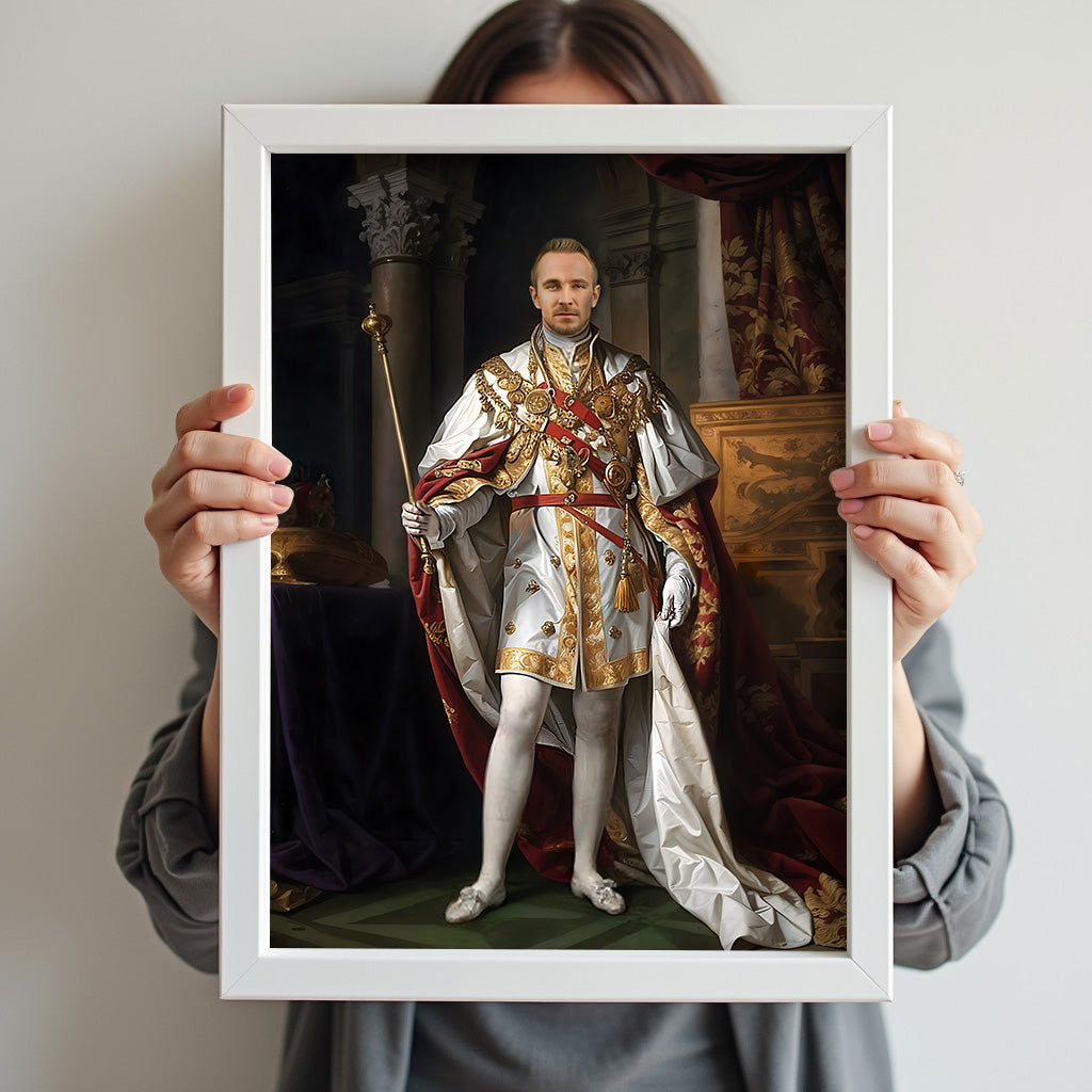 Custom White Regal Portrait – Man with Scepter and White Royal Cape