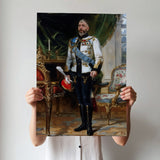 Custom European Monarch Portrait – Man in Red and Blue Robes with Hand on Table