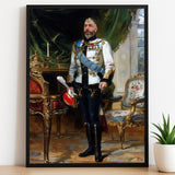 Custom European Monarch Portrait – Man in Red and Blue Robes with Hand on Table