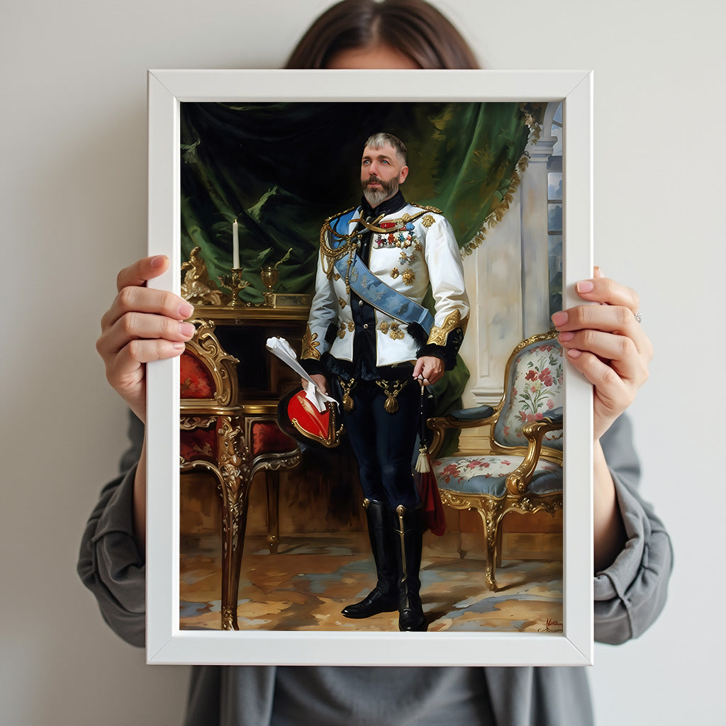Custom European Monarch Portrait – Man in Red and Blue Robes with Hand on Table