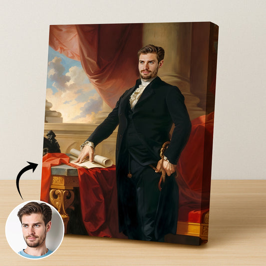 Custom Duke Portrait – Man in Black Suit with Scroll and Sword
