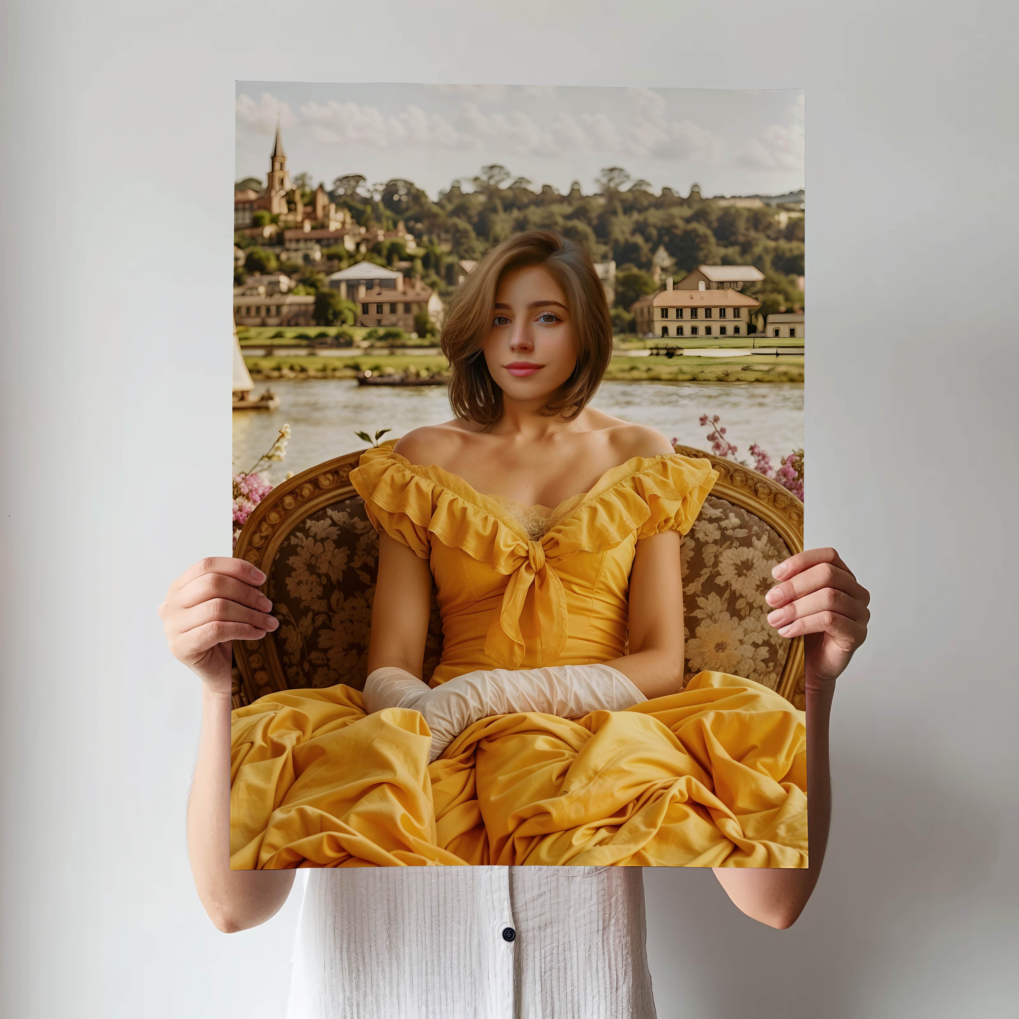 Yellow Dress Regency Lady Portrait - Custom Vintage Renaissance Look printed custom portrait held in hands - Furr and Family 
