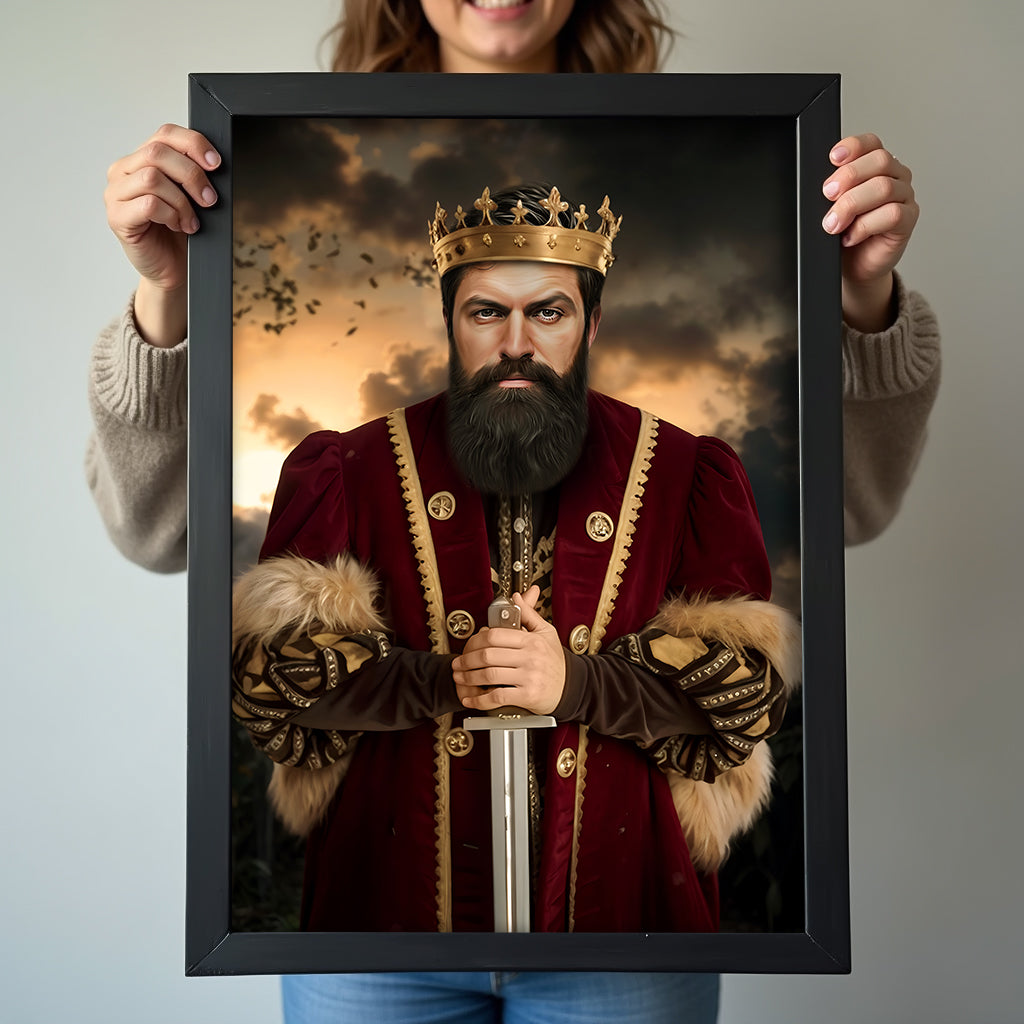 Custom Medieval King Portrait – Man in Crimson Robe with Sword