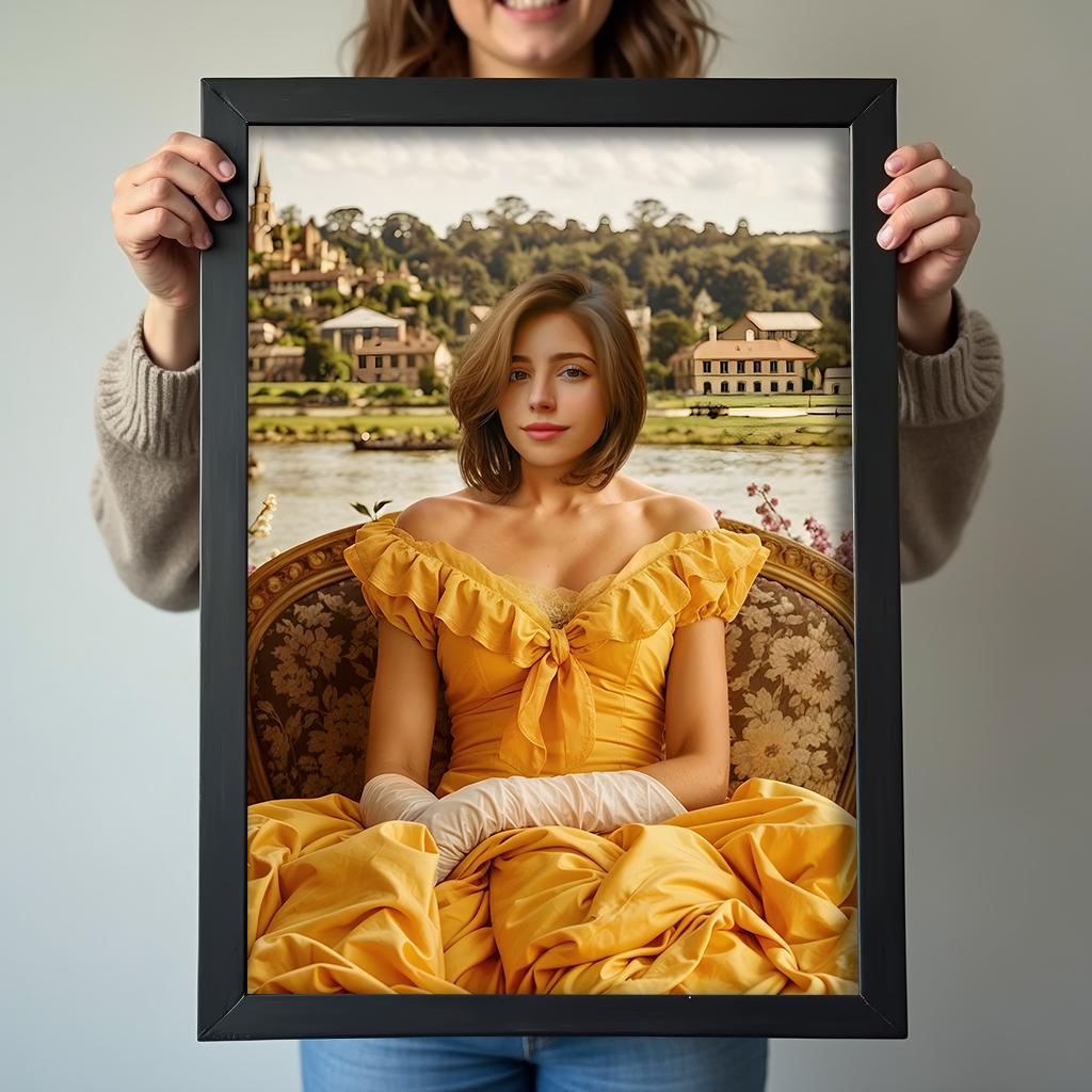 Yellow Dress Regency Lady Portrait - Custom Vintage Renaissance Look printed custom portrait held in hands - Furr and Family 
