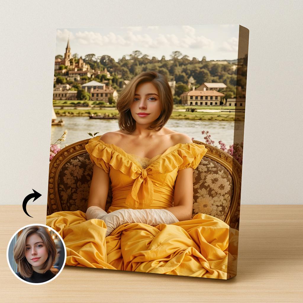 Yellow Dress Regency Lady Portrait - Custom Vintage Renaissance Look printed custom portrait held in hands - Furr and Family 

