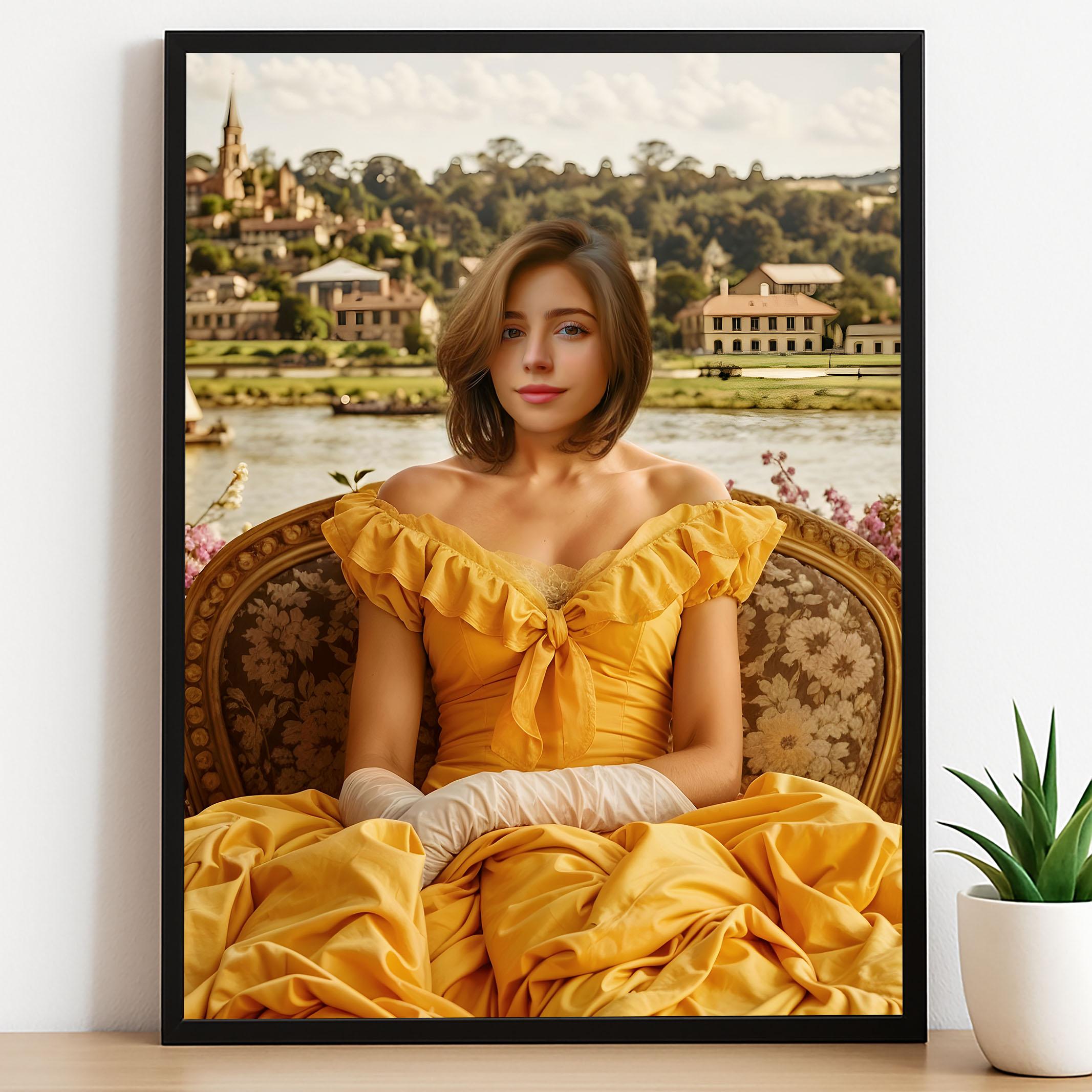 Yellow Dress Regency Lady Portrait - Custom Vintage Renaissance Look printed custom portrait held in hands - Furr and Family 
