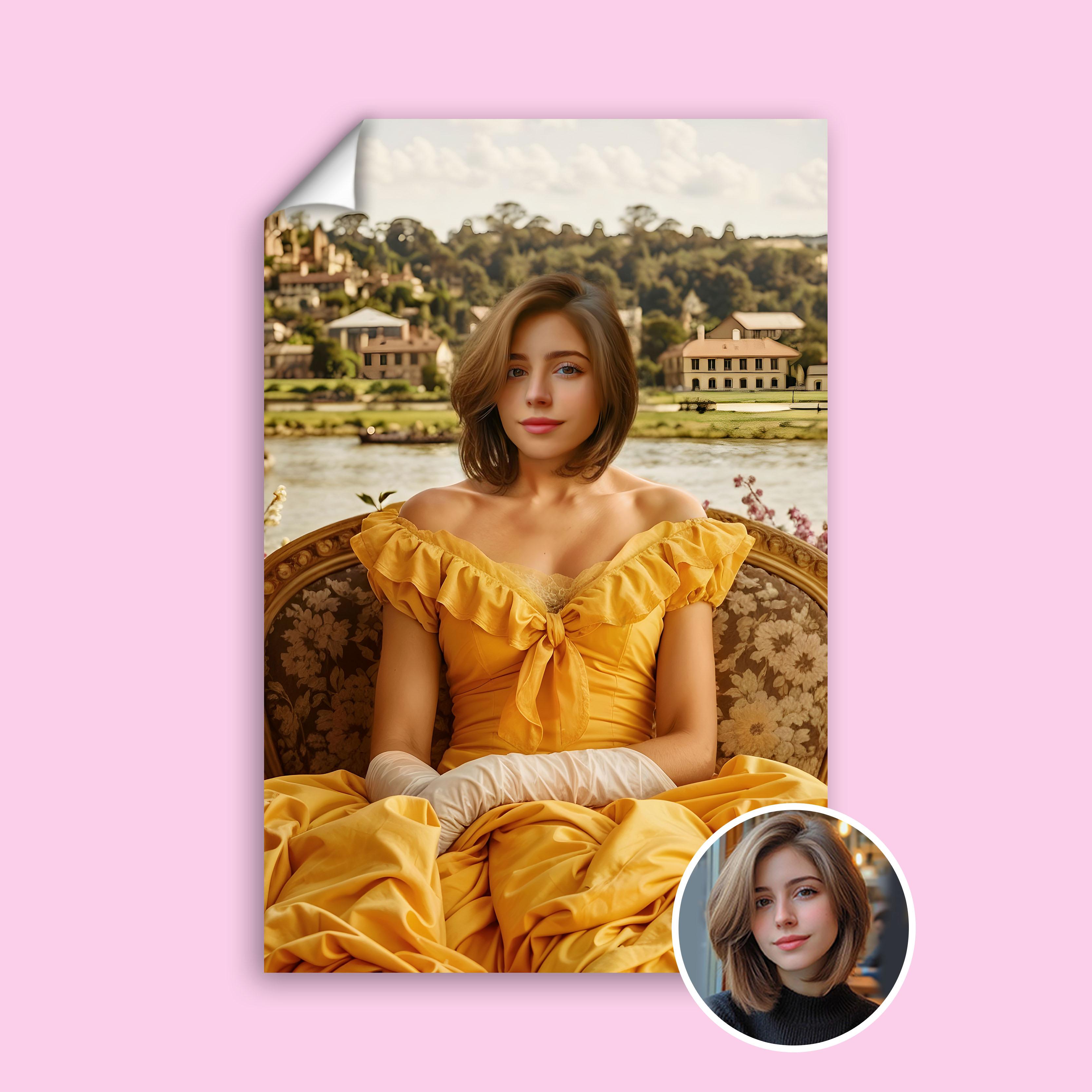 Yellow Dress Regency Lady Portrait - Custom Vintage Renaissance Look printed custom portrait held in hands - Furr and Family 
