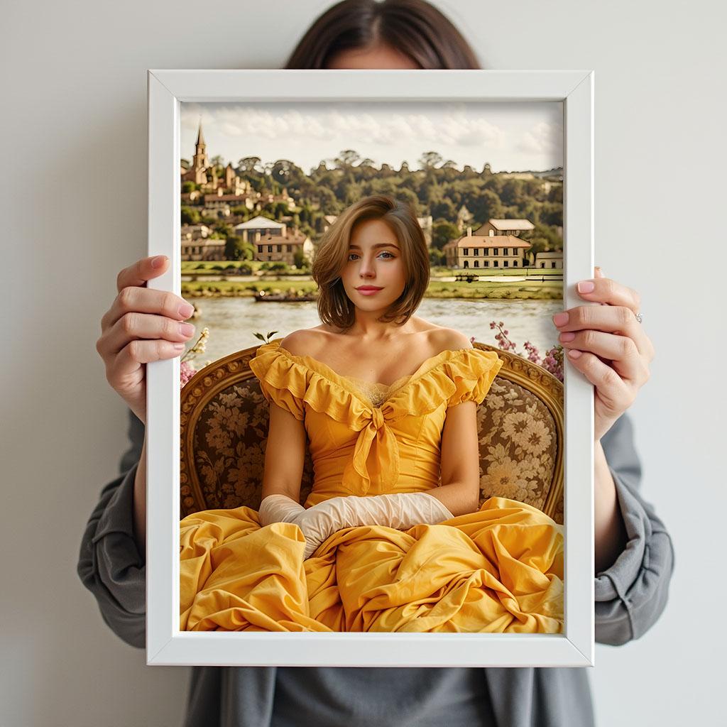 Yellow Dress Regency Lady Portrait - Custom Vintage Renaissance Look printed custom portrait held in hands - Furr and Family 

