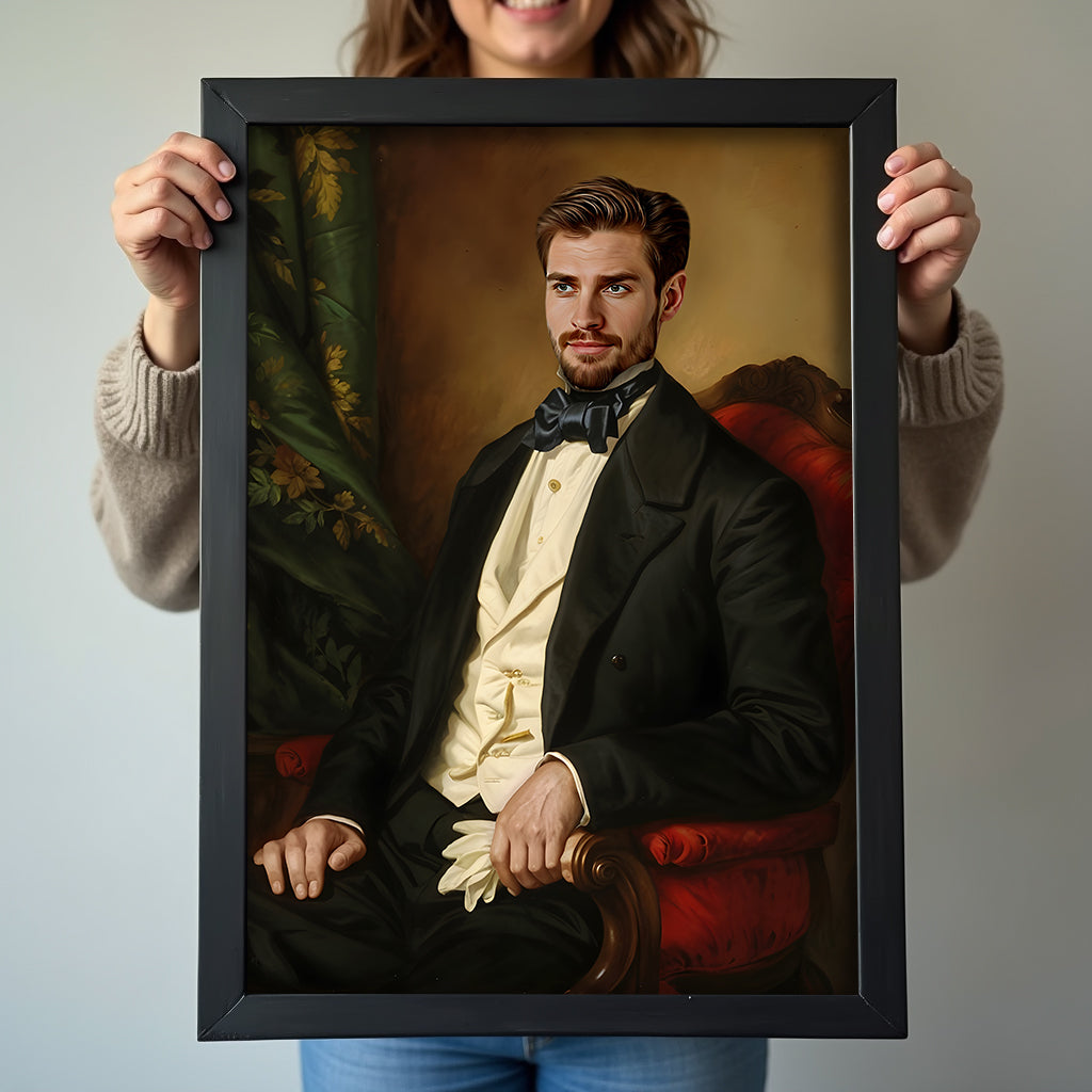 Custom Vintage Politician Portrait – Man in Black Suit with Bowtie