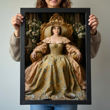 Golden Crown Queen Portrait - Noble Lady Sitting in Throne Art printed custom portrait held in hands - Furr and Family