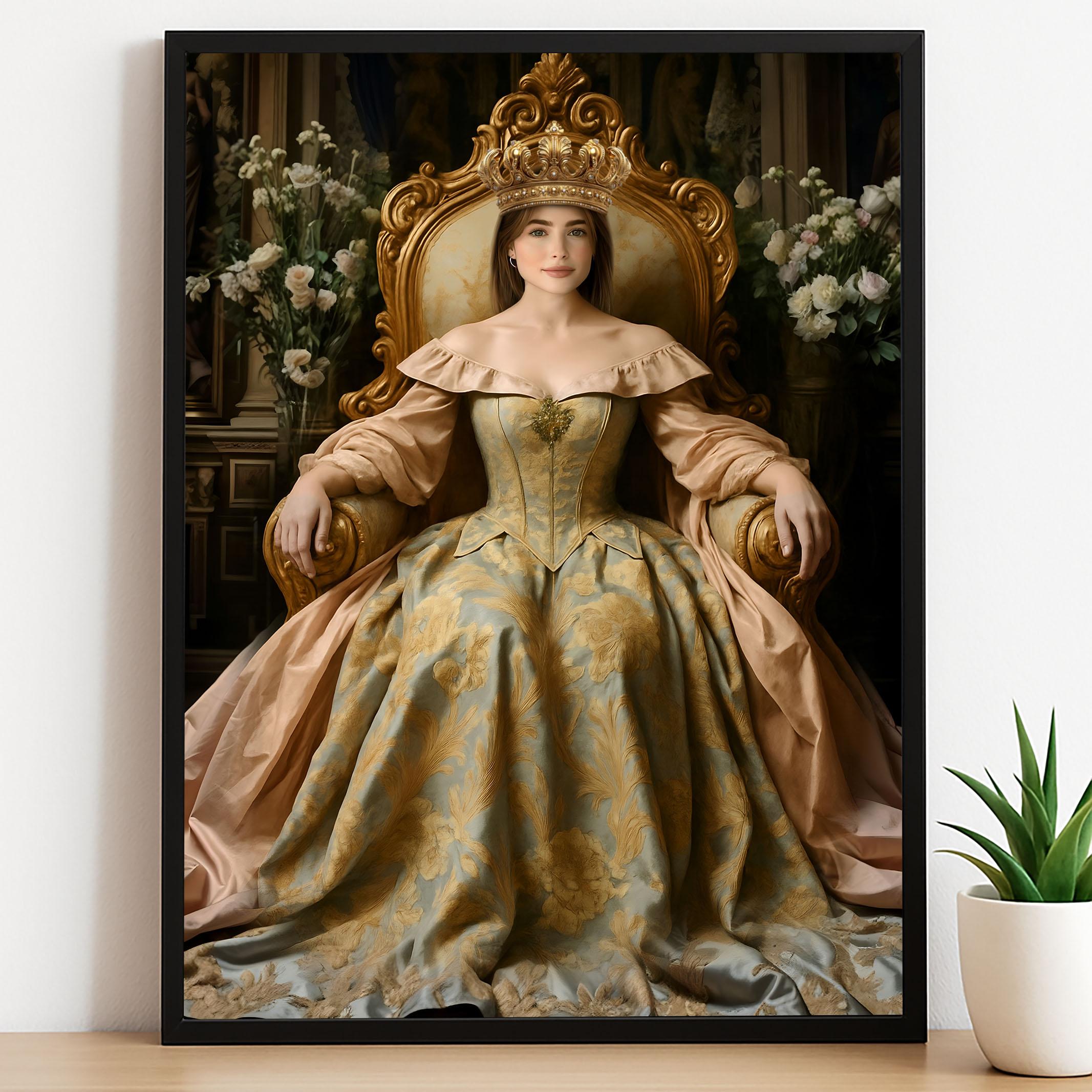 Golden Crown Queen Portrait - Noble Lady Sitting in Throne Art printed custom portrait held in hands - Furr and Family