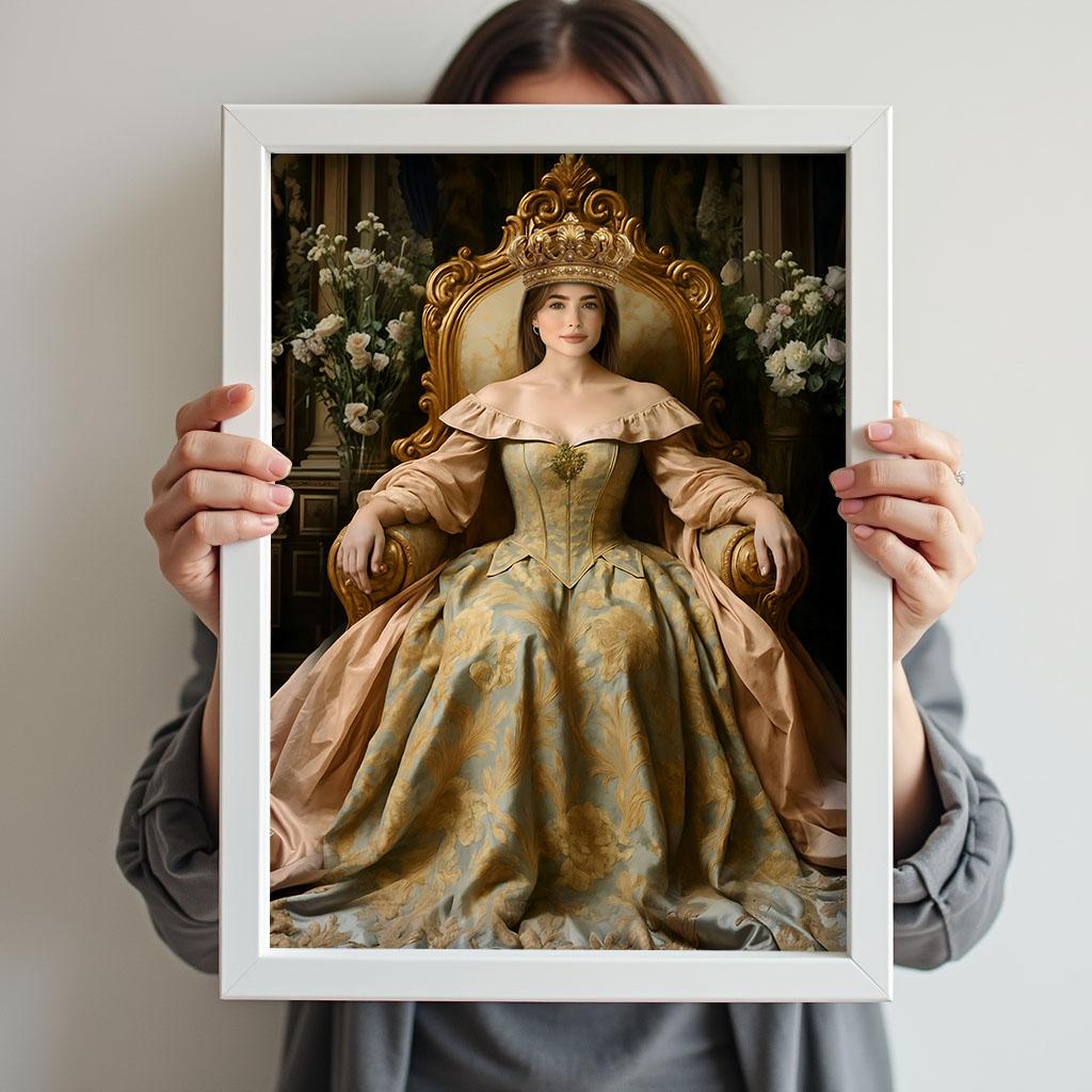 Golden Crown Queen Portrait - Noble Lady Sitting in Throne Art printed custom portrait held in hands - Furr and Family