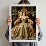 Golden Crown Queen Portrait - Noble Lady Sitting in Throne Art printed custom portrait held in hands - Furr and Family