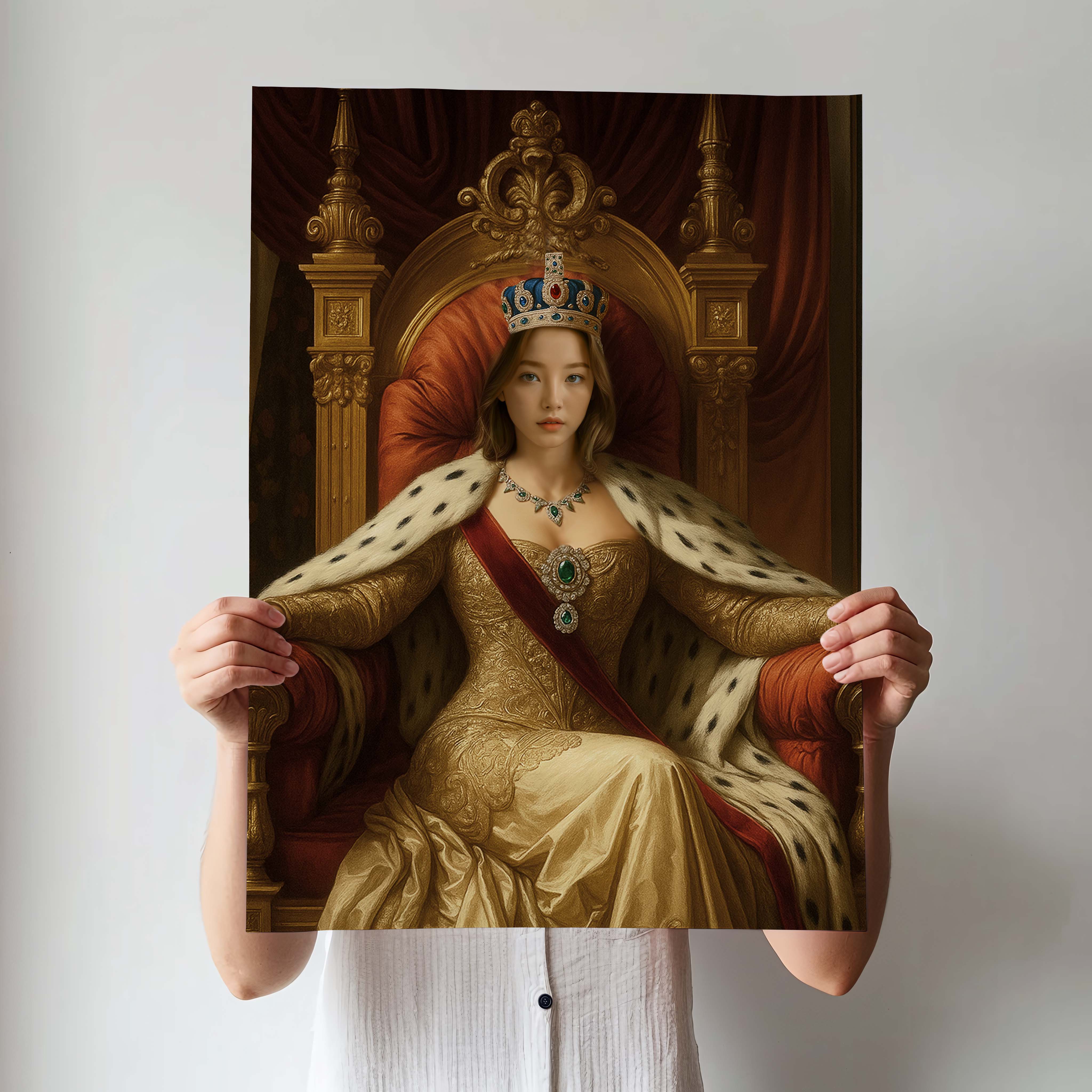  Royal Sapphire Empress Portrait - Renaissance Era Custom Gift printed custom portrait held in hands - Furr and Family 
