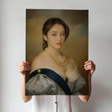 Custom Floral Duchess Portrait - Baroque Queen Print for Her printed custom portrait held in hands - Furr and Family 
