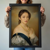 Custom Floral Duchess Portrait - Baroque Queen Print for Her printed custom portrait held in hands - Furr and Family 
