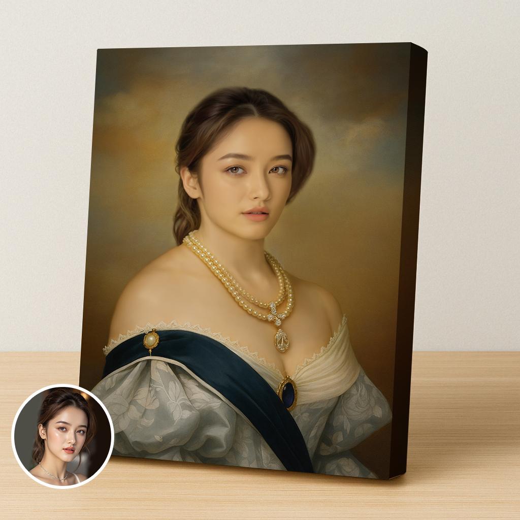 Custom Floral Duchess Portrait - Baroque Queen Print for Her printed custom portrait held in hands - Furr and Family 

