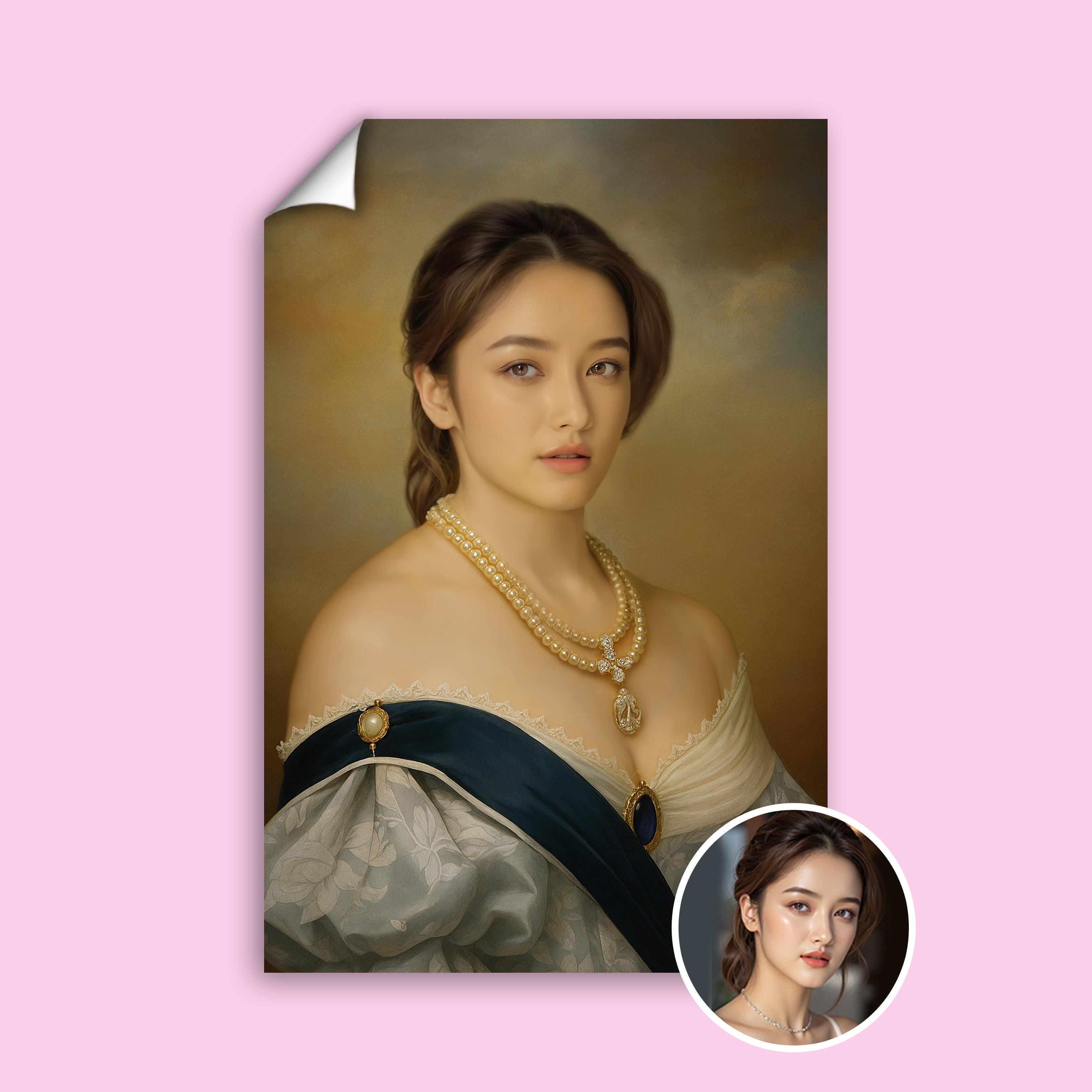 Custom Floral Duchess Portrait - Baroque Queen Print for Her printed custom portrait held in hands - Furr and Family 
