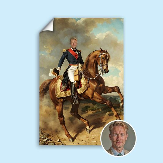 Custom Horse Commander Portrait – Man on Red Stallion in Military Uniform