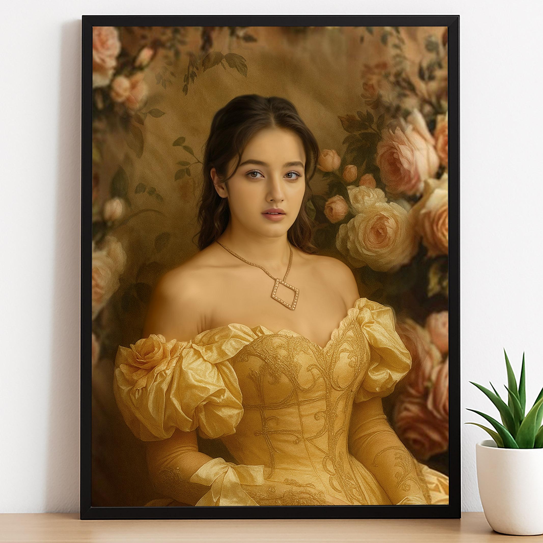 Victorian Pearl Queen Portrait - Regal Renaissance Style Wall Art printed custom portrait held in hands - Furr and Family 
